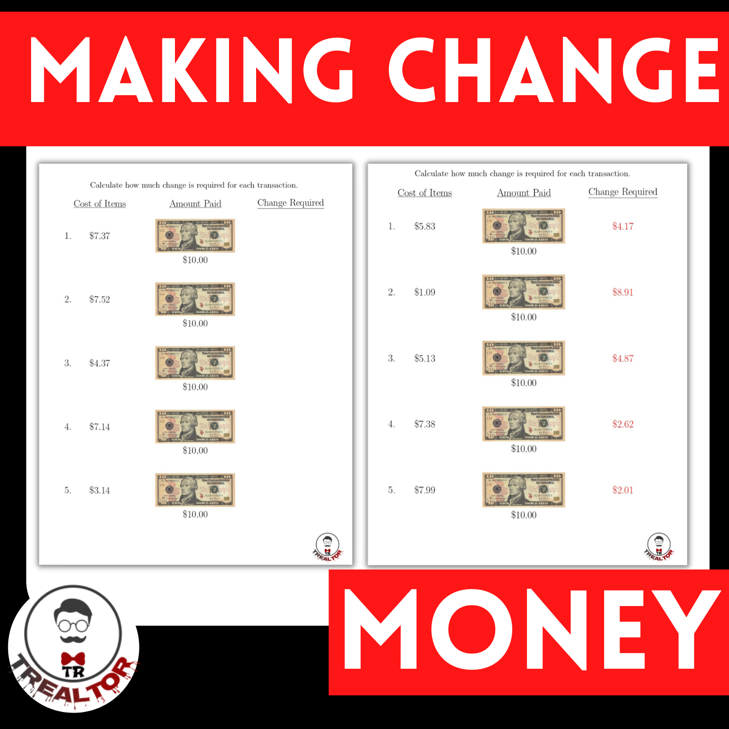 making change dollars money worksheets pdf