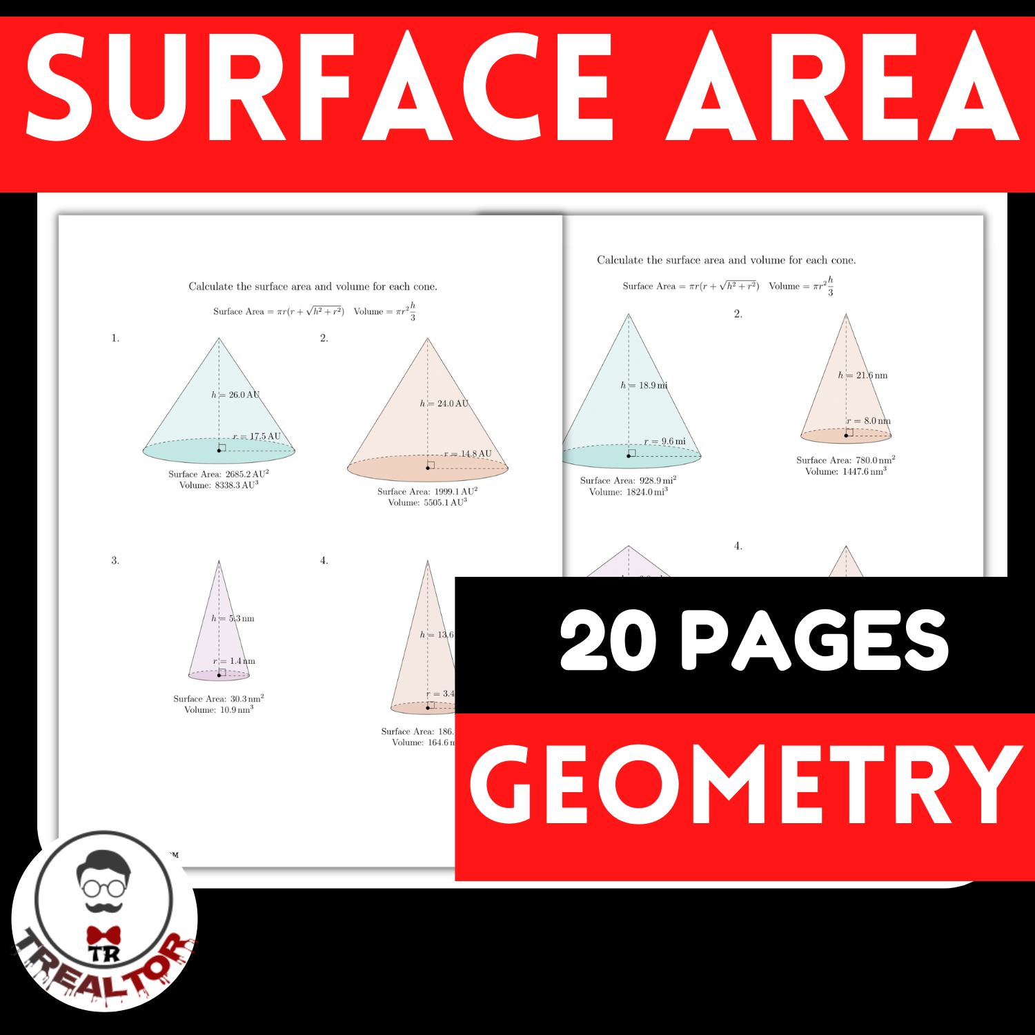 surface area of a cone worksheets with answers pdf 6