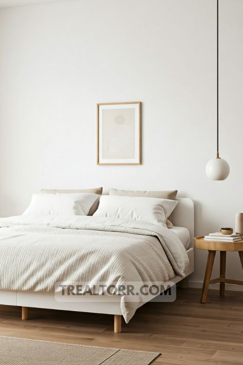 A minimalist bedroom with a simple bed, white walls, and clean lines, featuring neutral decor and functional furniture.