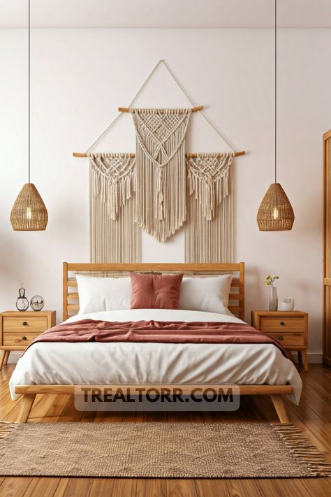 A boho-inspired bedroom with a macrame wall hanging, woven rugs, and wooden furniture, filled with natural light.