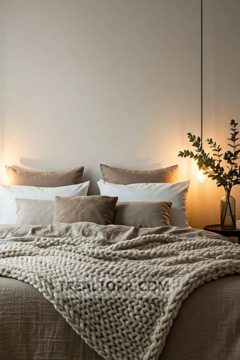A bedroom with a large bed featuring fluffy pillows, soft blankets, and a neutral-colored duvet, with soft lighting