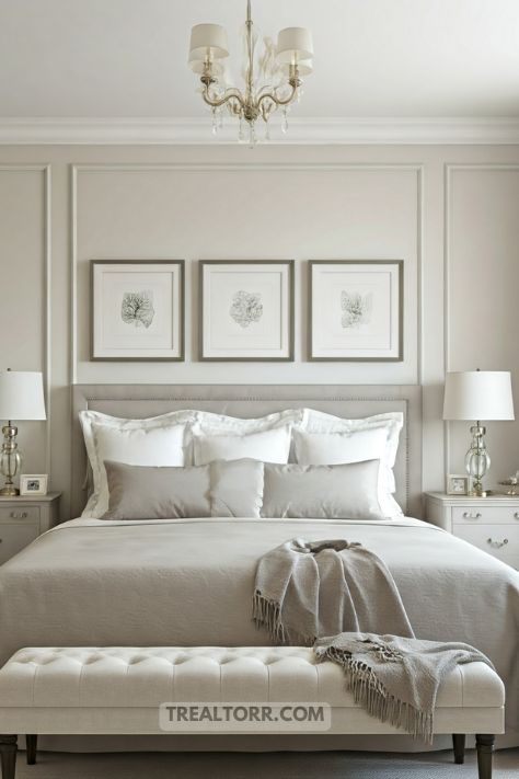 A classy bedroom with neutral tones—ivory walls, taupe bedding, and soft grey accents for a sophisticated look