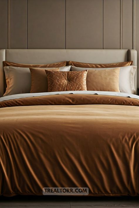 A bedroom with a velvet duvet cover, satin throw pillows, and rich textures that create a luxurious and elegant atmosphere