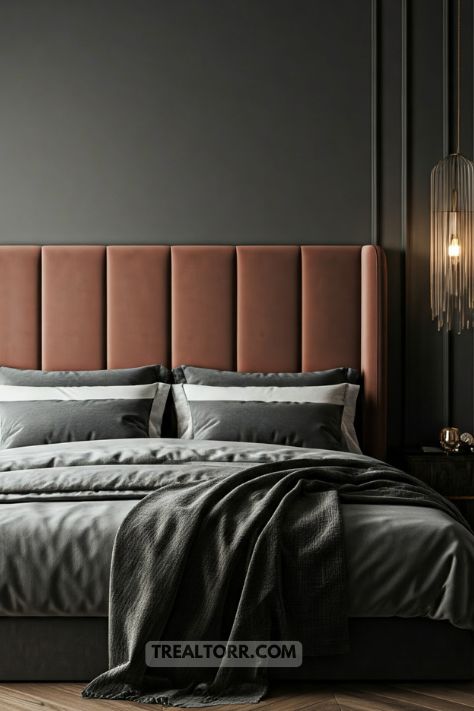 A luxurious bedroom with a statement upholstered headboard in a soft fabric, creating a bold and sophisticated look