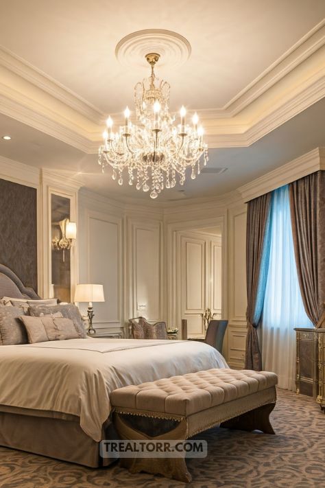 A classy bedroom with a crystal chandelier hanging from the ceiling, casting soft light and adding luxury to the space.