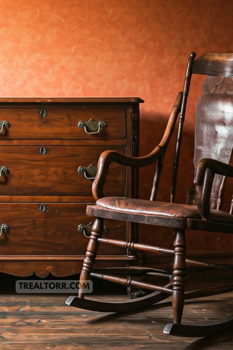A vintage bedroom featuring antique wooden furniture, including a classic wooden dresser, nightstands, and a rocking chair