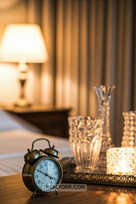 A refined bedroom with a vintage-style clock, a decorative tray with candles, and crystal vases, all adding elegance to the room