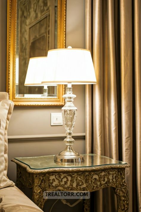 A bedroom with gold-framed mirrors, a silver lamp, and decorative metallic accents that add a glamorous touch to the decor
