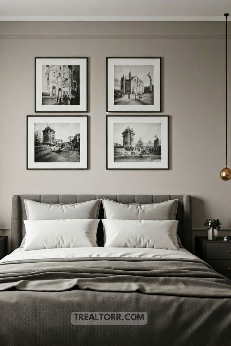 A bedroom with timeless black-and-white photography or elegant oil paintings above the bed, adding sophistication to the space.