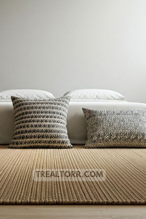 A minimalist bedroom with geometric-patterned pillows and a simple rug, adding subtle style.