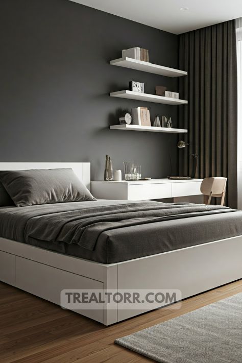 A minimalist bedroom with functional furniture, like a sleek bed with built-in storage and a small, modern desk.