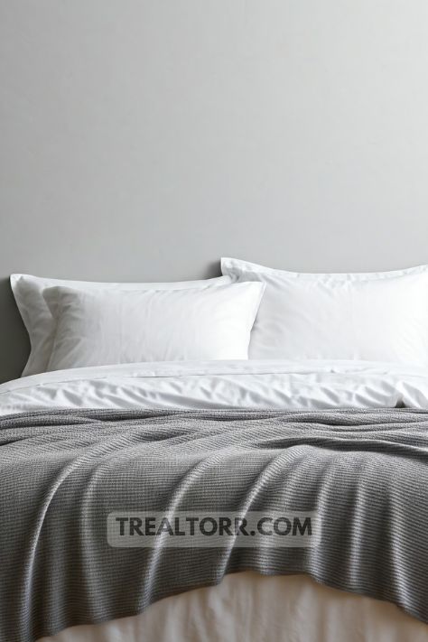 A minimalist bed with simple white bedding, a soft grey throw blanket, and matching pillows.