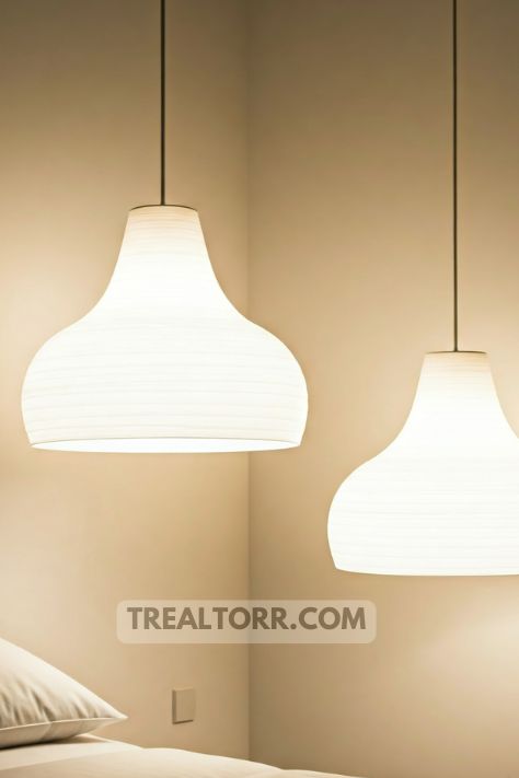 A minimalist bedroom with soft pendant lights hanging by the bed, creating a warm and calming glow