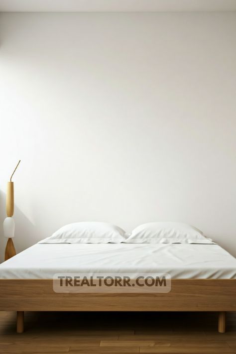 A minimalist bedroom with ample open space around the bed, allowing the room to feel airy and uncluttered.