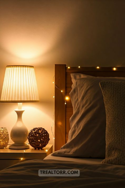 A bedroom with soft, ambient lighting from stylish table lamps and fairy lights, creating a cozy and inviting atmosphere