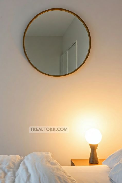 A bedroom with a large, round statement mirror above the bed, reflecting soft light and making the room feel spacious.