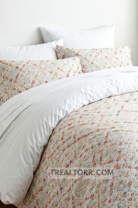 A bedroom with fresh white bedding and a colorful patterned duvet, creating a clean, vibrant look.