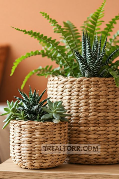 A bedroom with small indoor plants like succulents and ferns placed around the room, bringing in a fresh, green touch