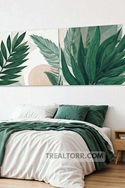 A bedroom with updated nature-inspired wall art, including green leaves and abstract designs, adding a new touch to the walls