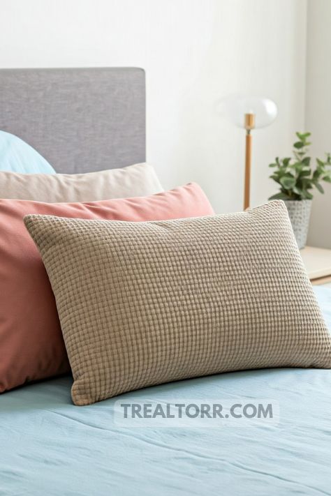 A cozy bed with a variety of textured throw pillows—velvet, cotton, and linen—adding a touch of warmth and comfort.