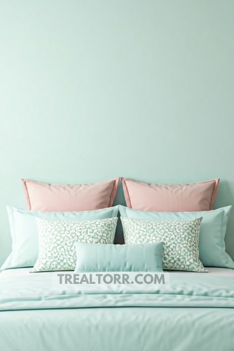A bedroom with soft pastel walls and bedding, including light pink, soft blue, and green accents, creating a calming atmosphere