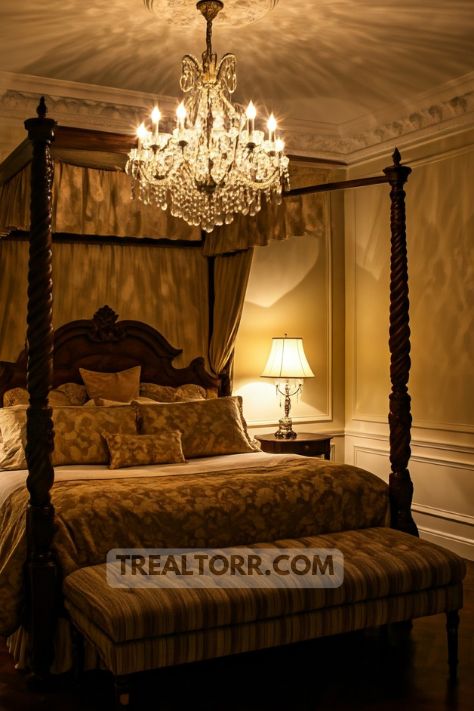 A bedroom with a statement chandelier hanging above the bed, casting soft light across the room.
