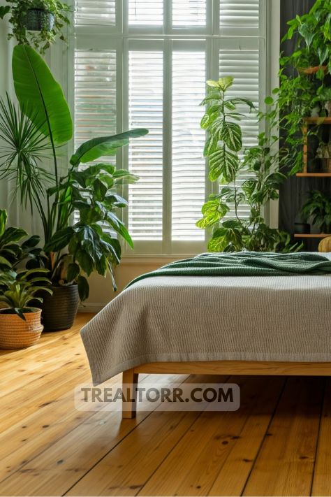 A bedroom with indoor plants placed around the room, creating a peaceful, nature-inspired atmosphere