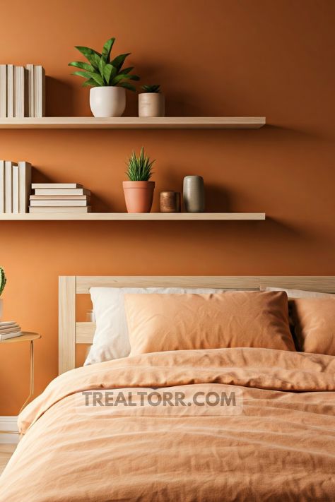 A bedroom with floating shelves on the wall, displaying books, plants, and decorative items, in a cozy, organized space