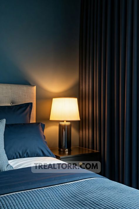 A bedroom with a bold accent wall in deep blue, creating a cozy, dramatic effect with matching decor