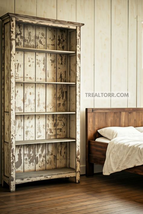 A vintage bedroom with distressed wooden accents, such as a weathered bookshelf and a rustic wooden bed frame, adding charm and character.
