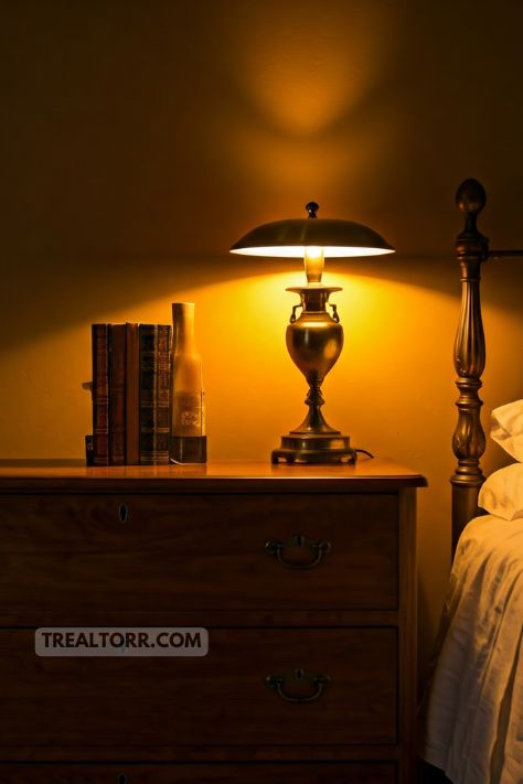 A vintage bedroom with warm amber lighting from brass or glass lamps, casting a soft glow and creating a cozy, inviting atmosphere