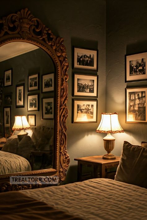 A bedroom with vintage wall art, including framed black-and-white photography and an antique mirror, adding a timeless touch to the room