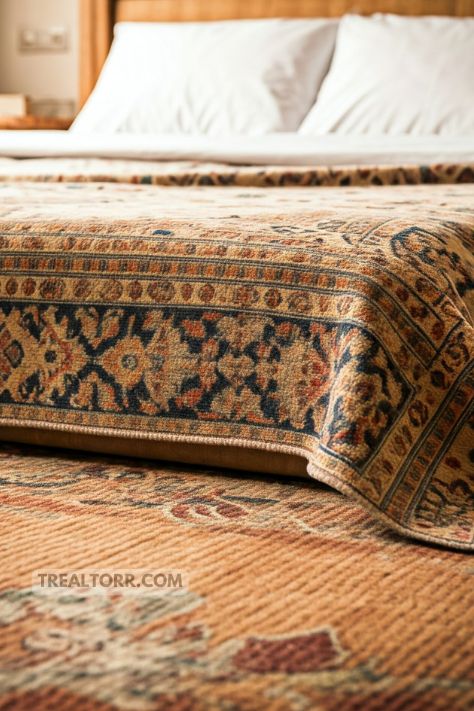 A vintage bedroom with a classic patterned rug, featuring intricate designs and warm colors, placed under the bed for a cozy feel
