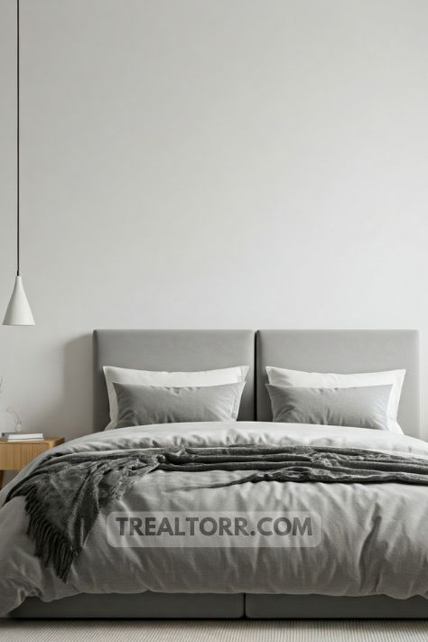 A minimalist bedroom with a soft neutral color palette—white walls, grey bedding, and light wood furniture