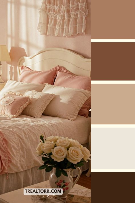 A bedroom with soft pink walls, blush bedding, and white accents, creating a dreamy, romantic atmosphere.