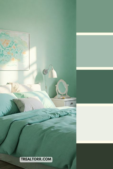 A bedroom with mint green walls, seafoam green bedding, and soft pastel decor, offering a calming, peaceful atmosphere