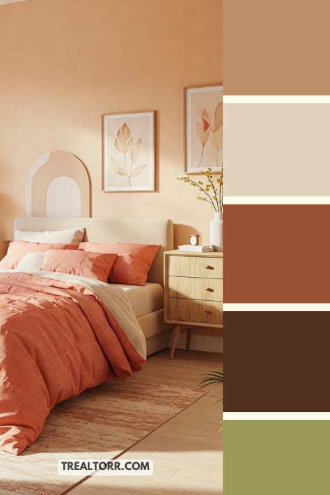 A bedroom with peach walls, coral bedding, and light wood furniture, offering a warm and inviting pastel atmosphere.