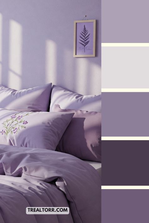 A bedroom with lavender walls, lilac bedding, and delicate purple accents, creating a soft, serene space