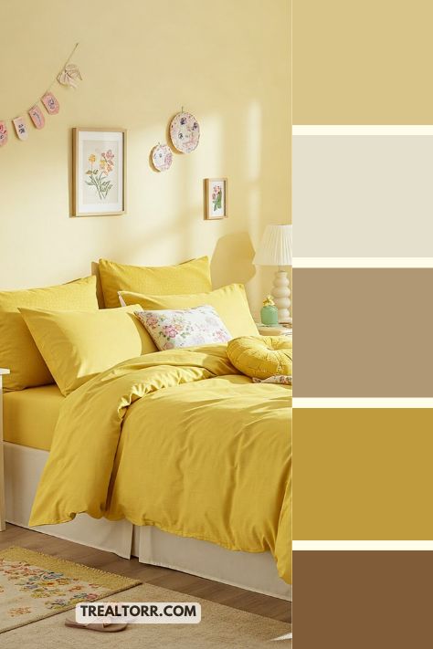 A bedroom with soft yellow walls, lemon yellow bedding, and light pastel decor, creating a bright, cheerful vibe.
