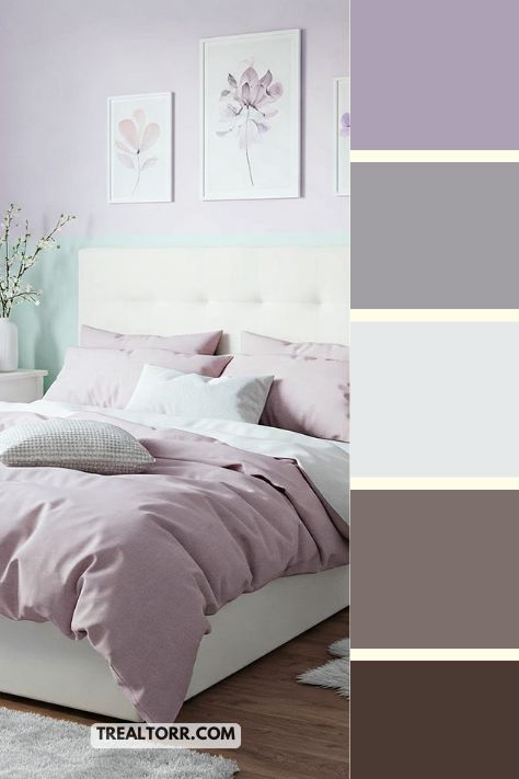 A bedroom with neutral pastel tones—pale pink, mint green, and lavender—accented by white furniture and decor, offering a fresh, calming vibe