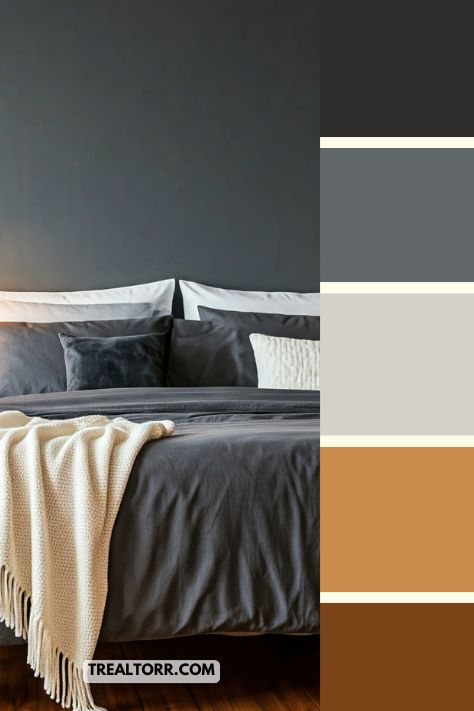 A bedroom with warm gray walls, charcoal bedding, and matching decor, offering a stylish and cozy winter vibe.