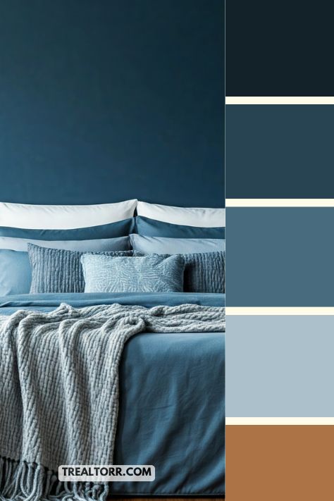 A bedroom with navy blue walls, cool blue bedding, and soft, blue-toned accents, creating a calm, winter-inspired atmosphere.