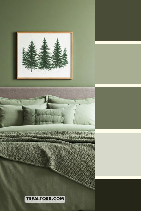 A winter bedroom with muted green walls, soft sage bedding, and olive-toned decor, bringing the outdoors inside with a cozy touch