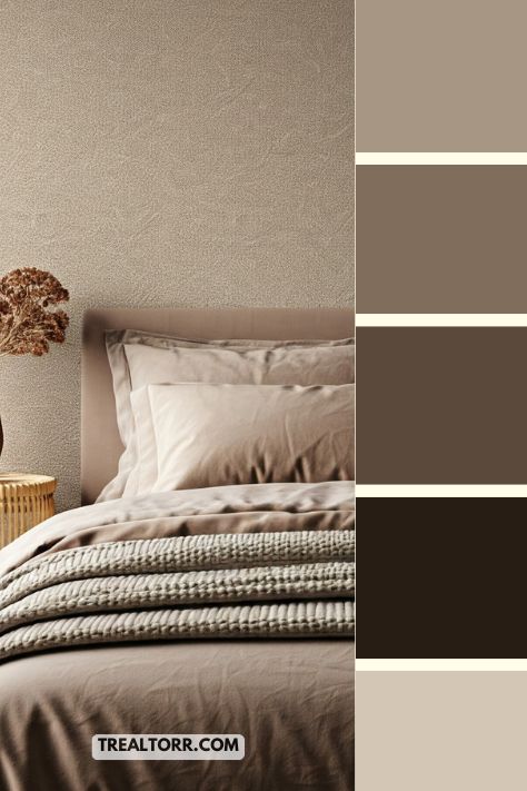 A cozy bedroom with soft brown and taupe tones in the bedding, walls, and accessories, offering a warm, earthy winter feel.