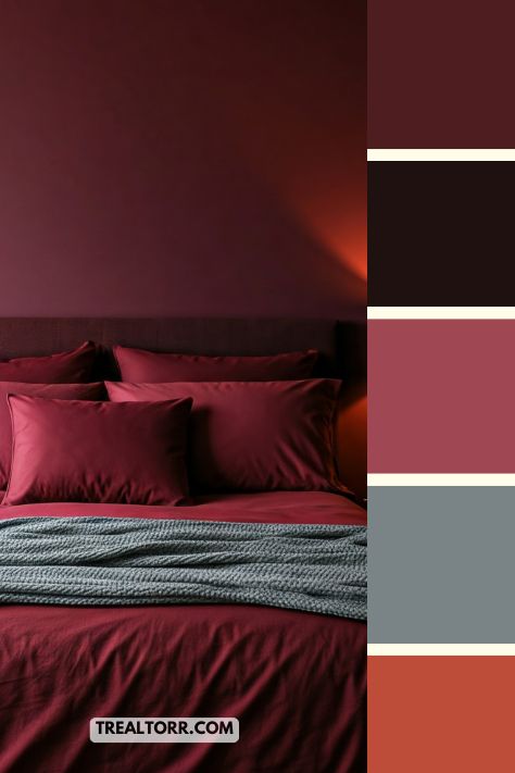 A bedroom with deep burgundy walls, a maroon bedspread, and dark red accents in pillows and throws, creating a warm and inviting atmosphere