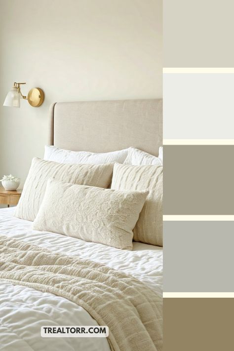 A cozy bedroom with soft white and cream tones, including white bedding, fluffy pillows, and light cream walls, creating a serene and calming winter vibe