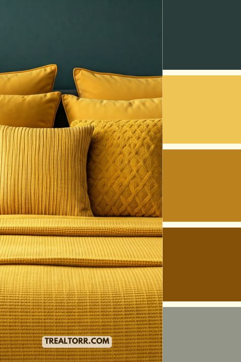 A bedroom with golden yellow and mustard pillows, throws, and accents, creating a cheerful, warm winter color palette.
