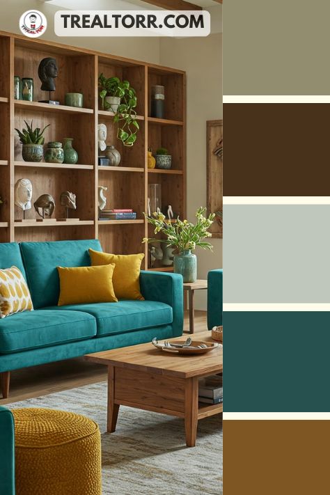 A living room with teal sofas, mustard yellow throw pillows, and wooden decor, creating a bold and inviting look.