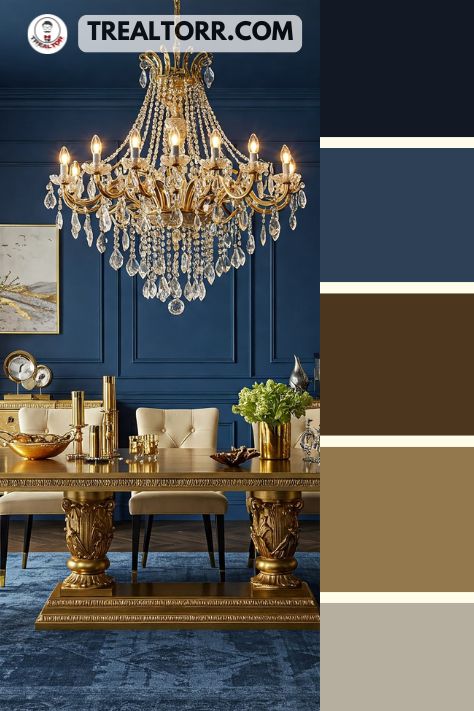 A dining room with midnight blue walls, gold table accents, and a chandelier, exuding sophistication and glam
