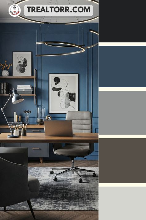 A home office with steel blue walls, charcoal gray furniture, and metallic accents, offering a stylish and professional space